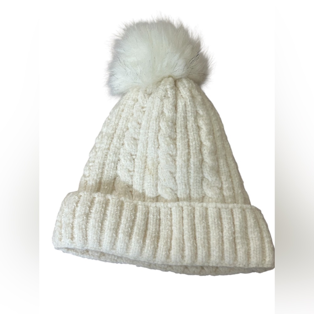 Ivory Cable Knit Chenille Beanie Hat Faux Fur Pom Pom Winter Cozy Soft